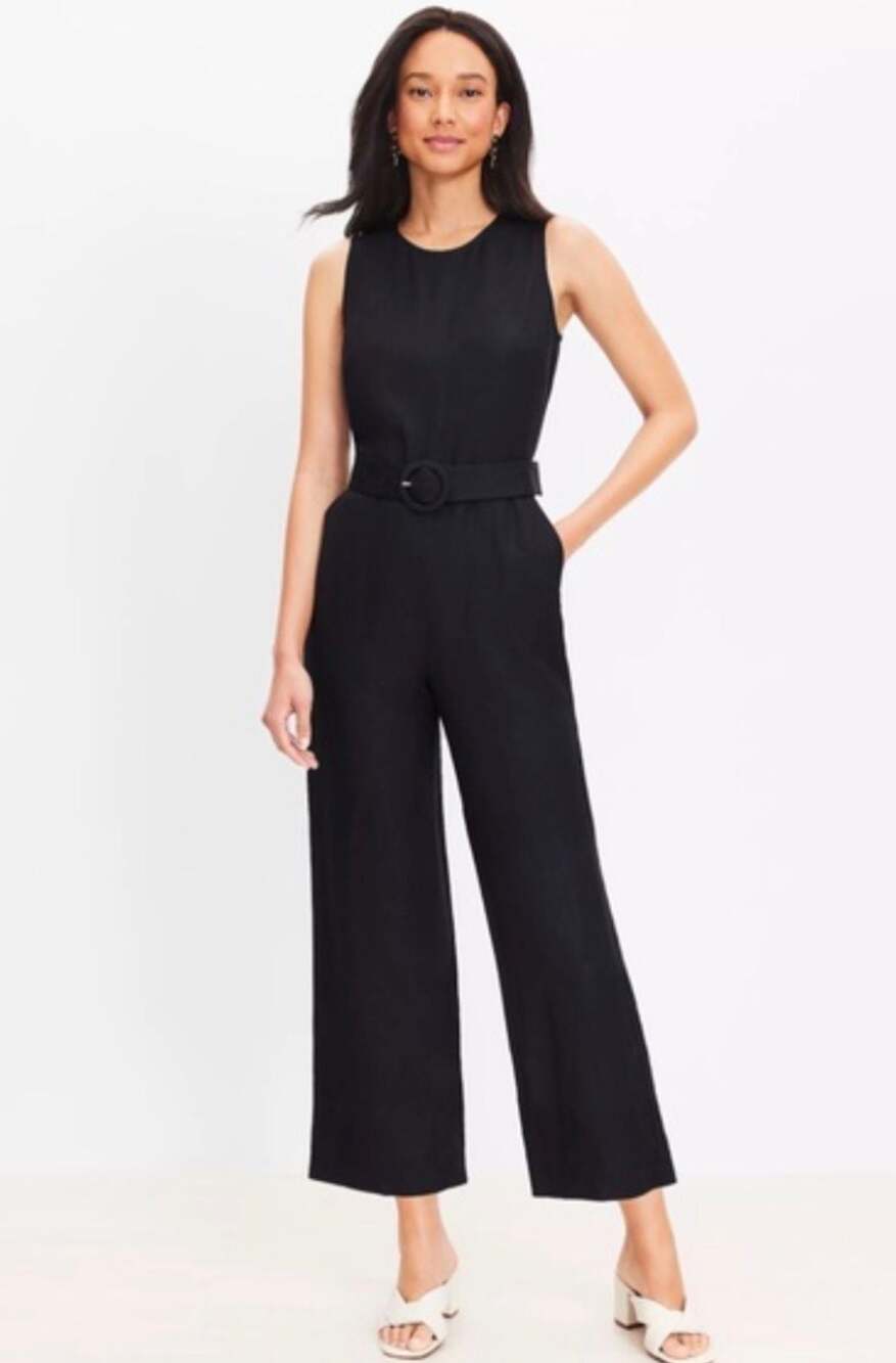 LOFT Black Linen Blend Belted Wide Leg Jumpsuit Size 8
